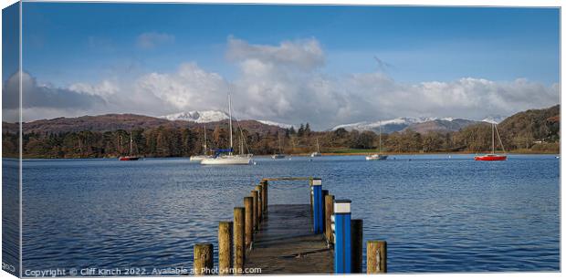 Across Lake Windermere to snow-topped fells Canvas Print by Cliff Kinch