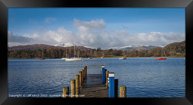 Across Lake Windermere to snow-topped fells Framed Print by Cliff Kinch