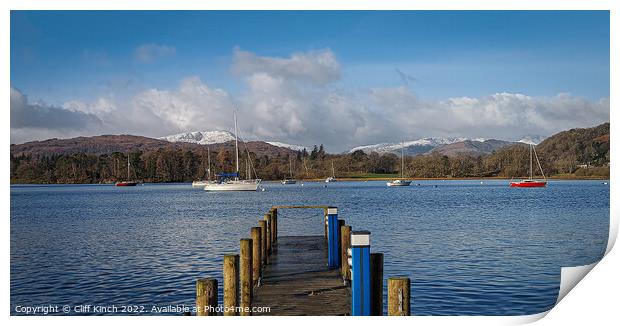 Across Lake Windermere to snow-topped fells Print by Cliff Kinch