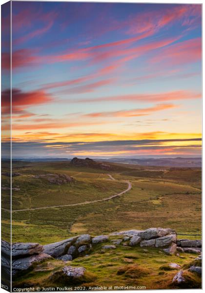 Haytor Rocks Sunrise, from Rippon Tor, Dartmoor Canvas Print by Justin Foulkes