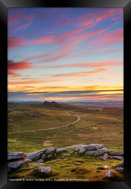 Haytor Rocks Sunrise, from Rippon Tor, Dartmoor Framed Print by Justin Foulkes
