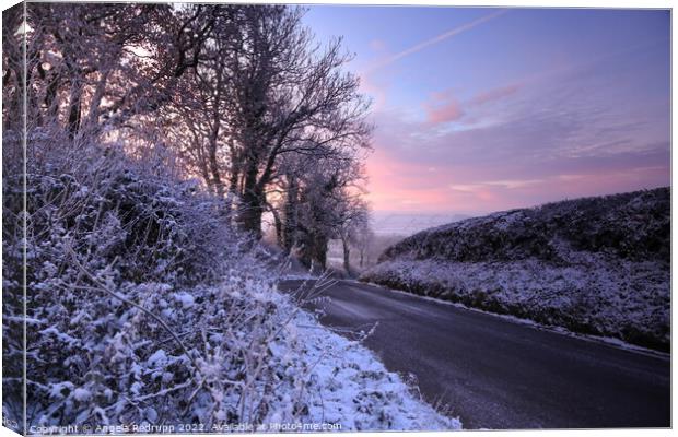 A quiet country road on a snowy morning with a colourful sinrise Canvas Print by Angela Redrupp