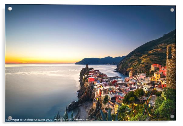 Vernazza village, aerial view at sunset. Cinque Terre, Italy Acrylic by Stefano Orazzini