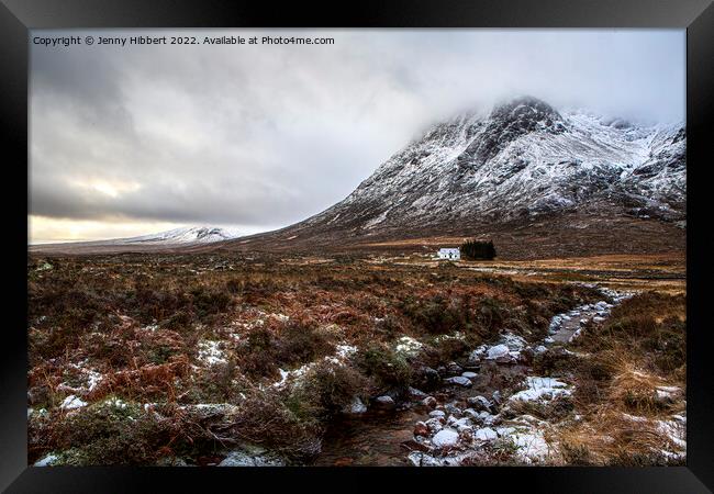 Buachaille Etive Mor with Lagangarbh Cottage in front Glencoe Framed Print by Jenny Hibbert