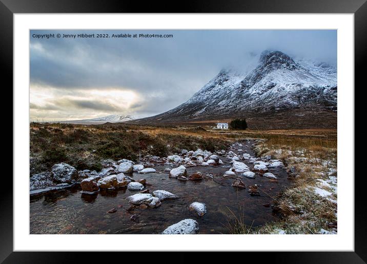 River leading to Lagangarbh Cottage on a snowy morning Framed Mounted Print by Jenny Hibbert
