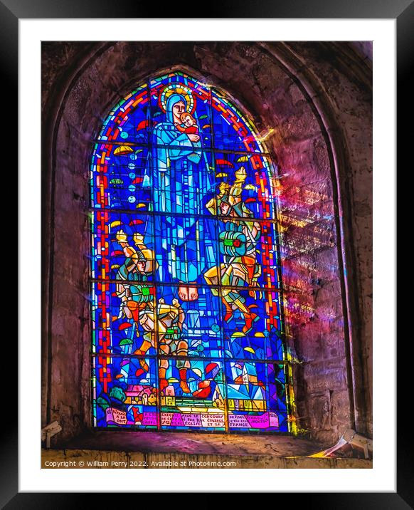 Mary Paratrooper Stained Glass St Marie Eglise Normandy France Framed Mounted Print by William Perry