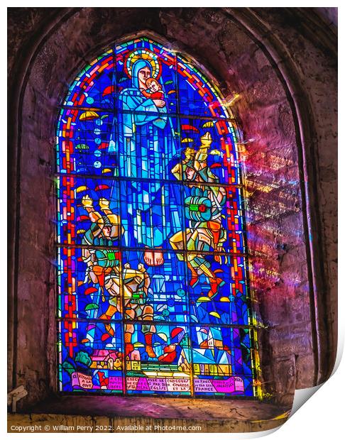 Mary Paratrooper Stained Glass St Marie Eglise Normandy France Print by William Perry