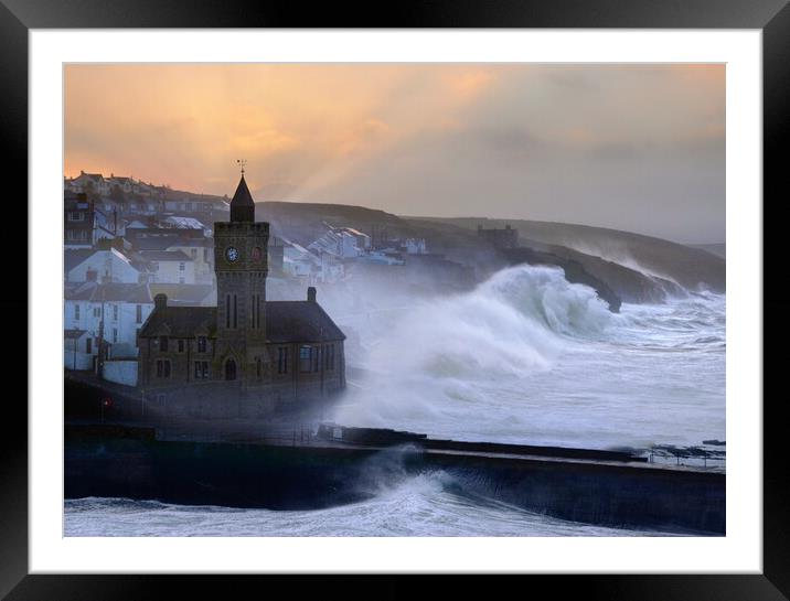 Storm Eunice - Porthleven Clocktower Colours Framed Mounted Print by David Neighbour