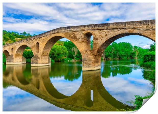 Photograph with the Roman bridge of Puente la Reina on the way to Santiago Print by Vicen Photo