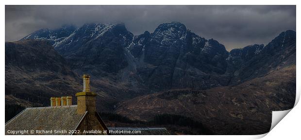 The roof and chimneys of the Torrin Outdoor Centre set against Blaven.  Print by Richard Smith