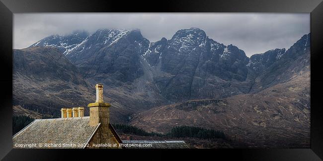 The roof and chimneys of the Torrin Outdoor Centre set against Blaven, brightened.  Framed Print by Richard Smith