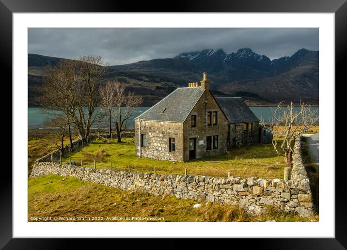 Torrin Outdoor Centre set against Loch Slapin and Blaven  Framed Mounted Print by Richard Smith