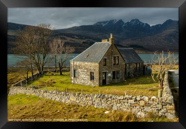 Torrin Outdoor Centre set against Loch Slapin and Blaven  Framed Print by Richard Smith