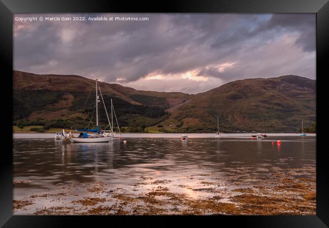Loch Leven Boats at sunset Framed Print by Marcia Reay