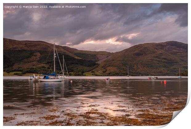 Loch Leven Boats at sunset Print by Marcia Reay