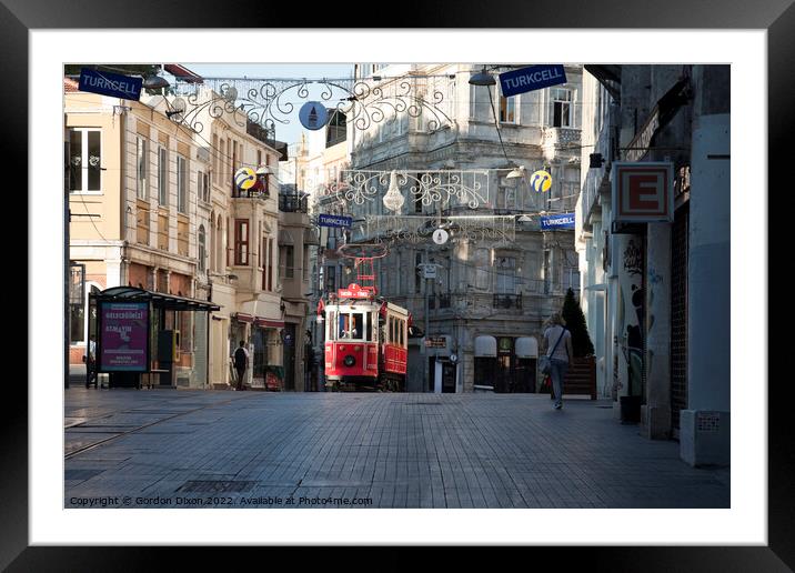 Taksim to Tunel tram in Istiklal Street, Istanbul Framed Mounted Print by Gordon Dixon