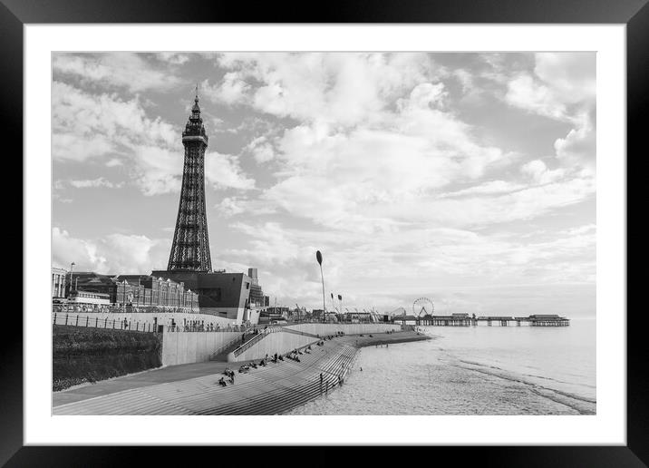 Blackpool Tower and the Central Pier in monochrome Framed Mounted Print by Jason Wells