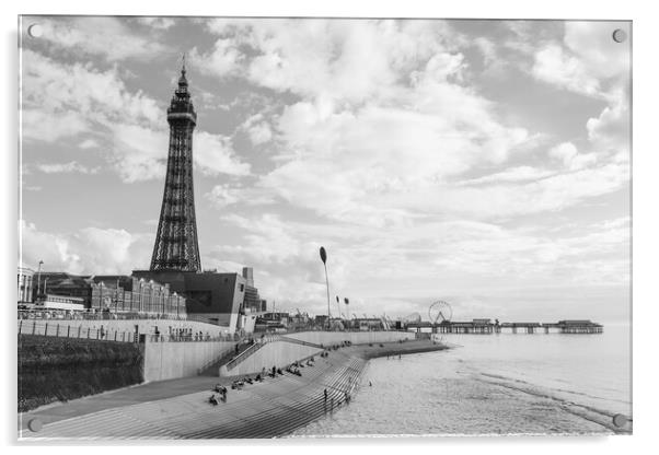 Blackpool Tower and the Central Pier in monochrome Acrylic by Jason Wells
