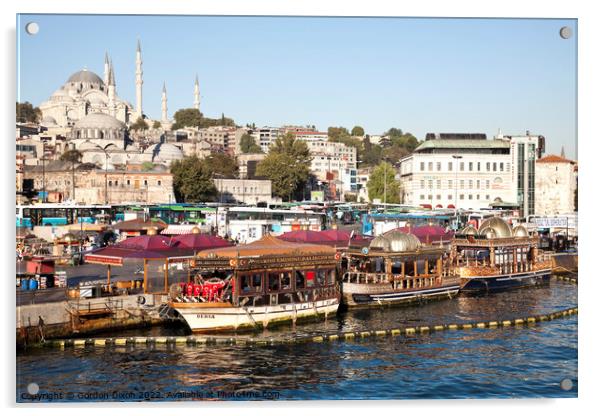 Suleymaniye Mosque and restaurant boats - Eminonu waterfront, Istanbul Acrylic by Gordon Dixon