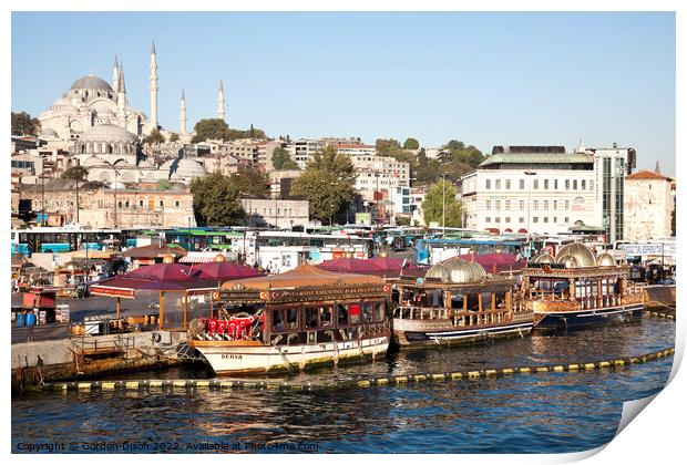 Suleymaniye Mosque and restaurant boats - Eminonu waterfront, Istanbul Print by Gordon Dixon