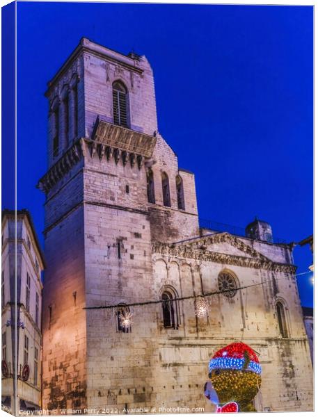 Night Cathedral Church Christmas Decoration Nimes Gard France Canvas Print by William Perry