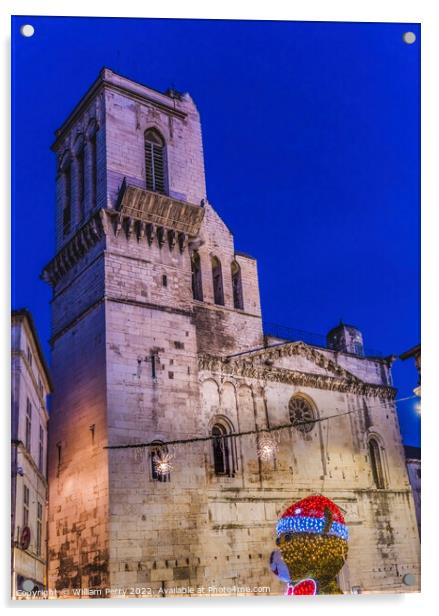 Night Cathedral Church Christmas Decoration Nimes Gard France Acrylic by William Perry