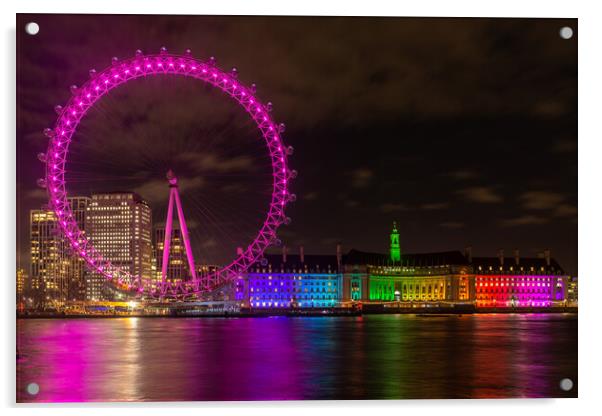 London Eye with Rainbow lights Acrylic by Kevin Winter