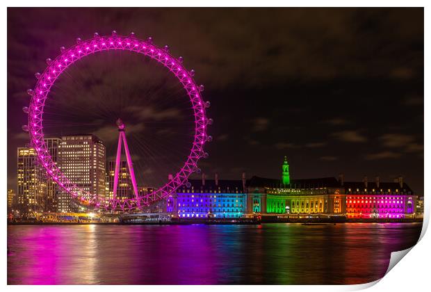 London Eye with Rainbow lights Print by Kevin Winter