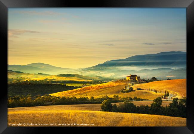 Tuscany spring, rolling hills at sunset. Italy Framed Print by Stefano Orazzini