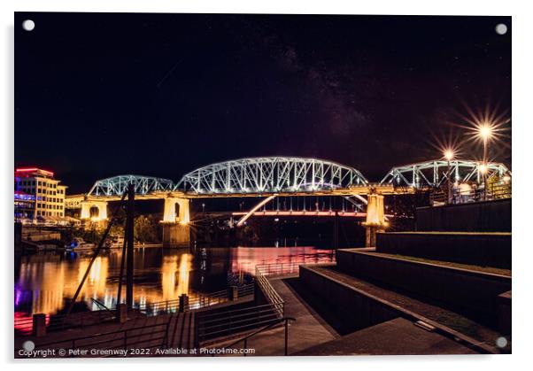 The John Seigenthaler Pedestrian Bridge In Nashville, Tennessee Illuminated At Night Acrylic by Peter Greenway