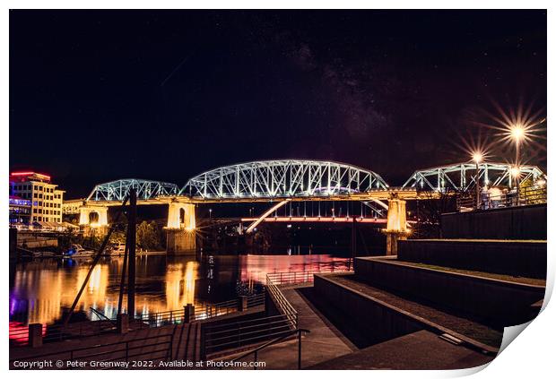 The John Seigenthaler Pedestrian Bridge In Nashville, Tennessee Illuminated At Night Print by Peter Greenway