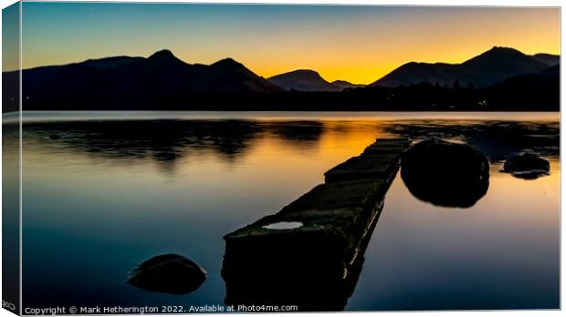 Sunset at Isthmus Bay Derwentwater The Lake District Canvas Print by Mark Hetherington