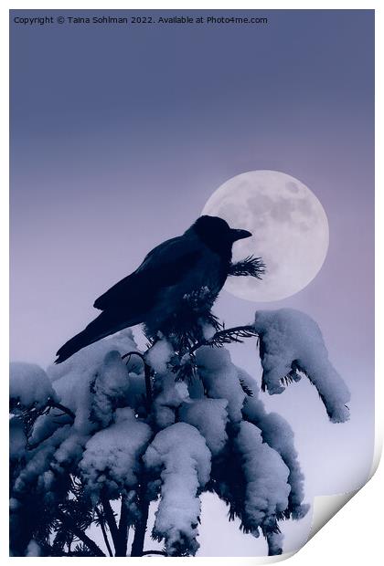 Hooded Crow and Full Moon in Winter Print by Taina Sohlman