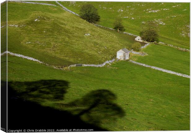 Field barns and shadows at Chrome Hill  Canvas Print by Chris Drabble