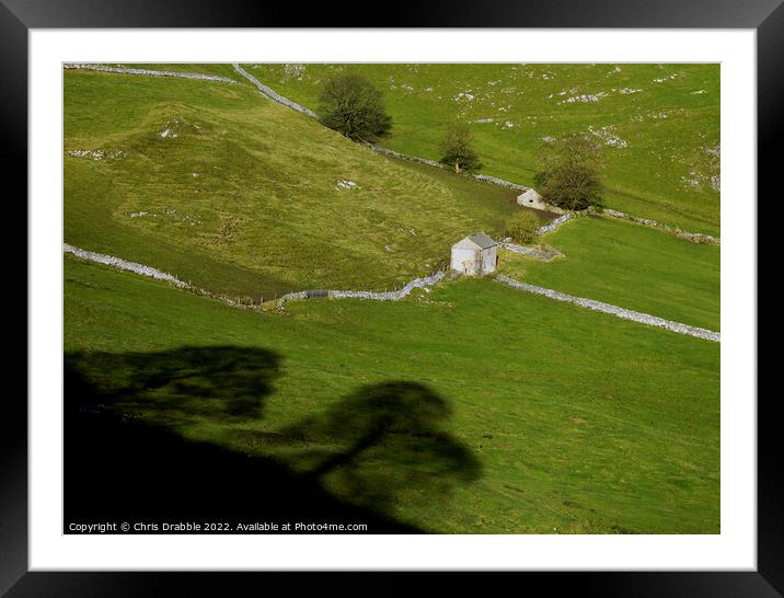 Field barns and shadows at Chrome Hill  Framed Mounted Print by Chris Drabble