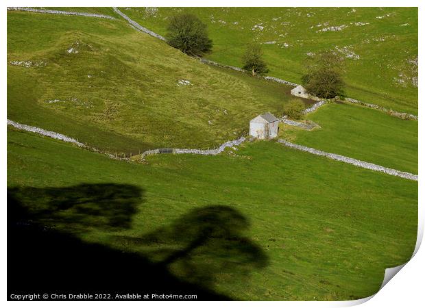 Field barns and shadows at Chrome Hill  Print by Chris Drabble