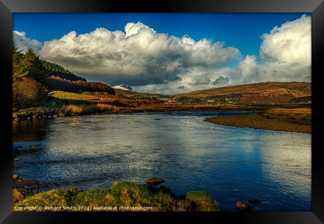Clouds and blue sky reflected in the river Varragill. Framed Print by Richard Smith