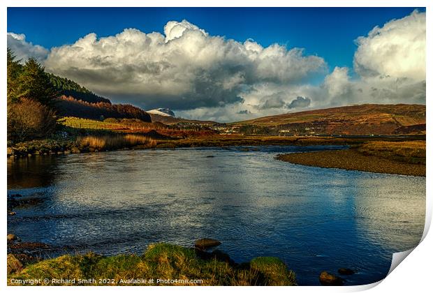 Clouds and blue sky reflected in the river Varragill. Print by Richard Smith