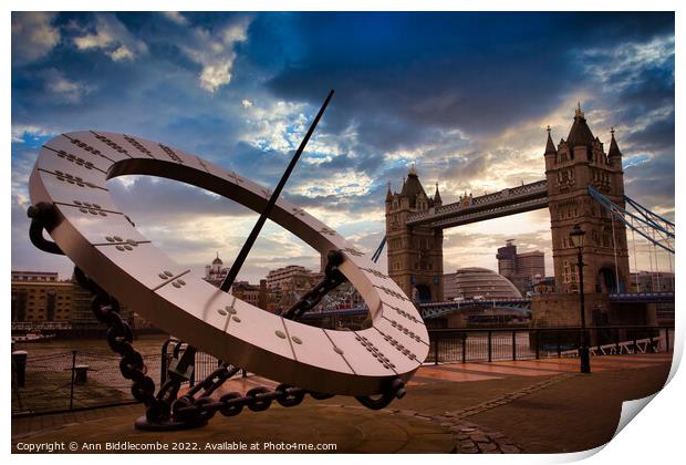 Sundial with tower bridge  Print by Ann Biddlecombe