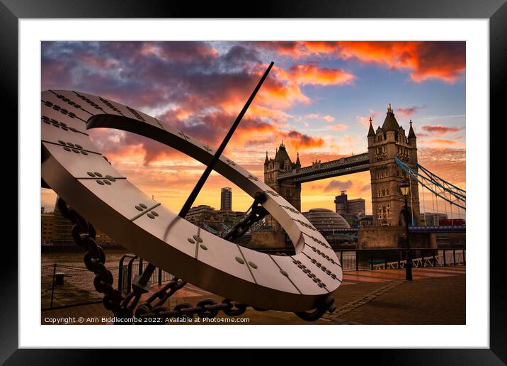 Sundial with tower bridge sunset skys in London Framed Mounted Print by Ann Biddlecombe