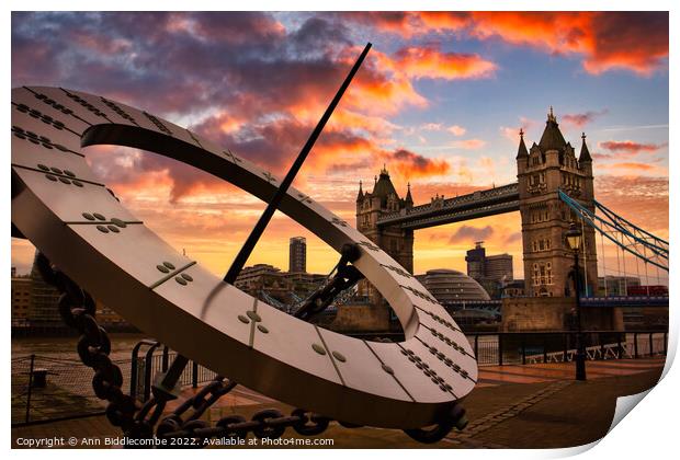 Sundial with tower bridge sunset skys in London Print by Ann Biddlecombe