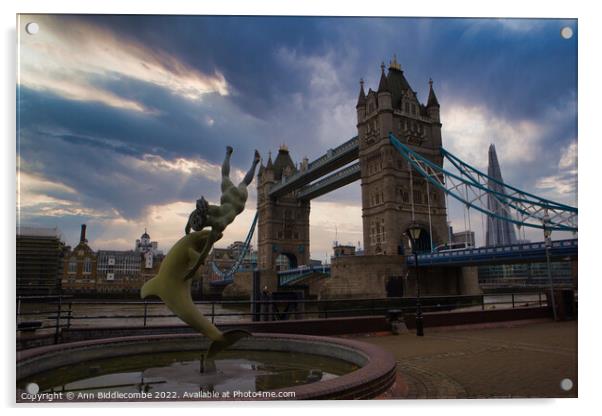A statue in front of Tower Bridge Acrylic by Ann Biddlecombe
