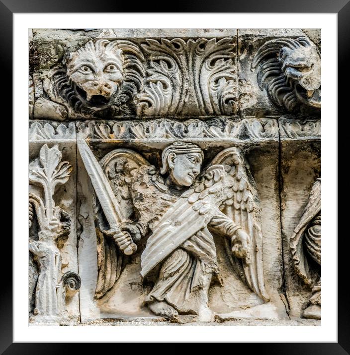 St Michael Statue Facade Cathedral Church Nimes Gard France Framed Mounted Print by William Perry