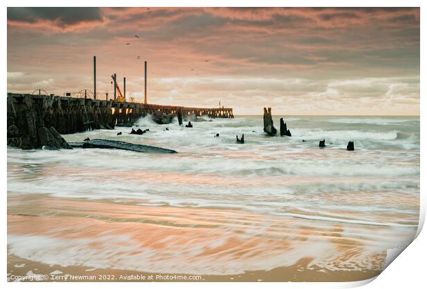Surreal Sunrise on Walberswick Pier Print by Terry Newman