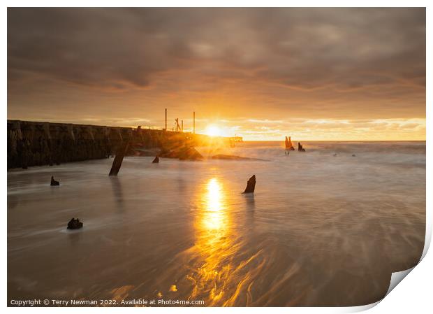 A Golden Sunrise at Walberswick Pier Print by Terry Newman