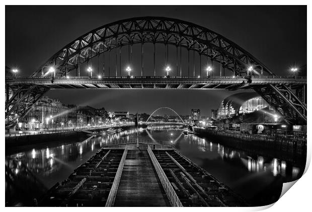 Newcastle at night in mono black and white Print by JC studios LRPS ARPS