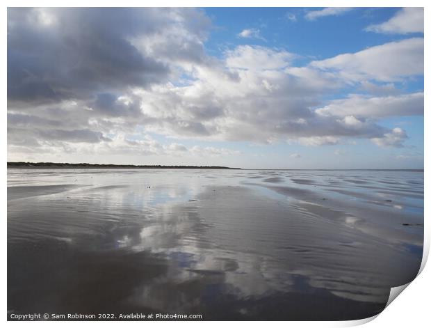 Sandy Beach with cloud reflections Print by Sam Robinson