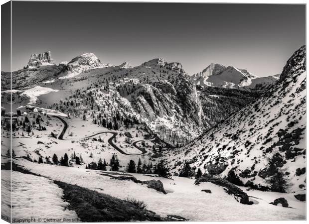 Falzarego Pass in the Dolomite Mountains in Winter Canvas Print by Dietmar Rauscher