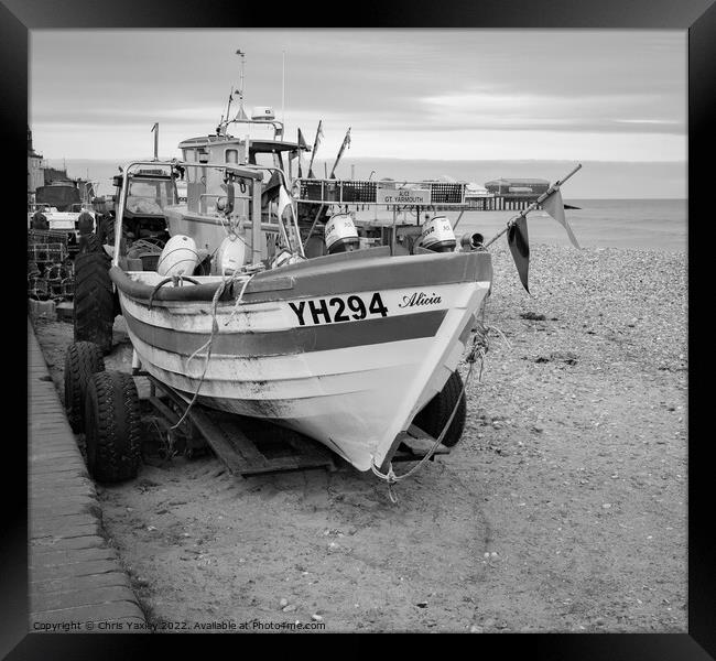 Traditional fishing boat on Cromer beach in black and white Framed Print by Chris Yaxley