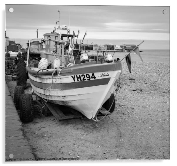 Traditional fishing boat on Cromer beach in black and white Acrylic by Chris Yaxley